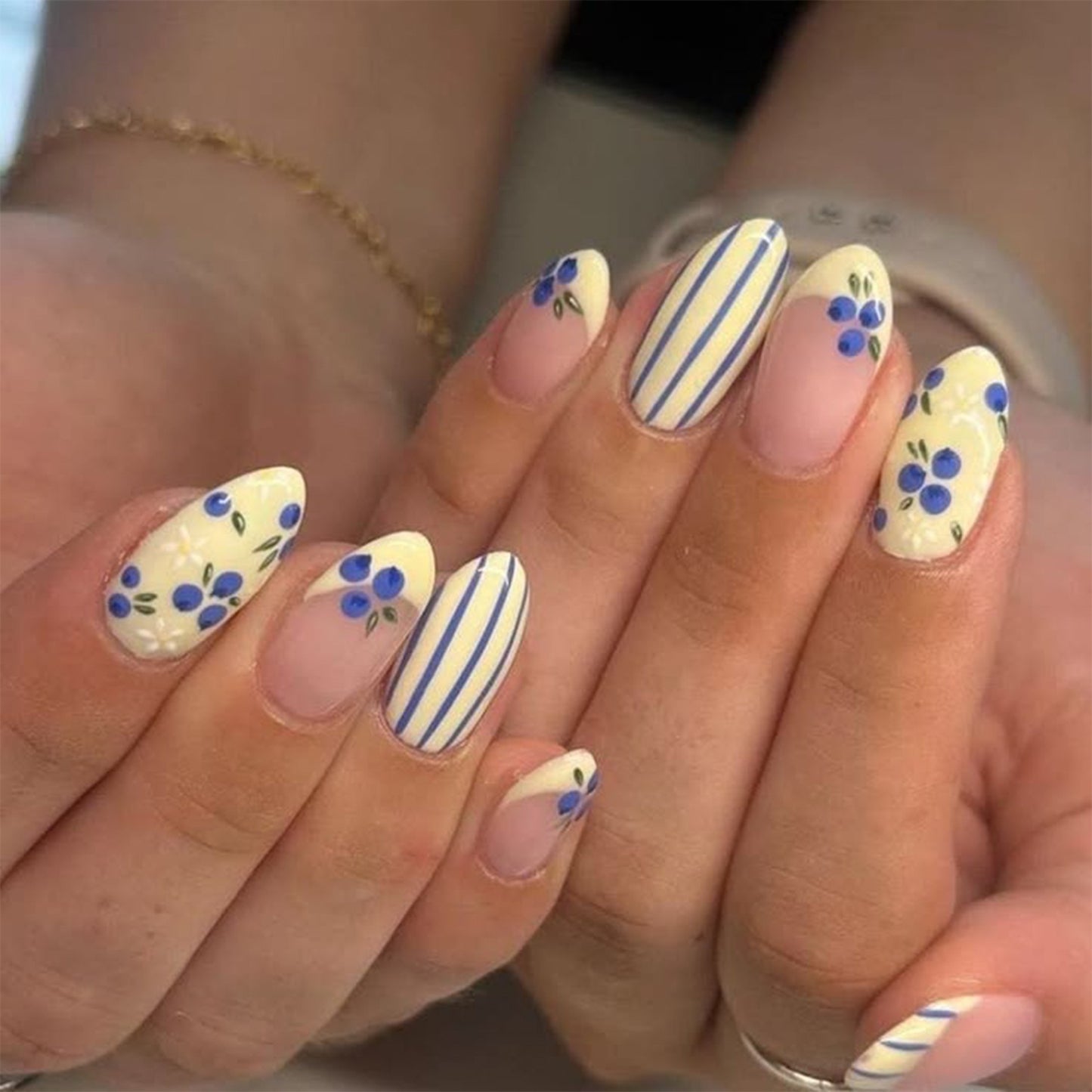 Blooming Elegance Medium Almond Yellow with Floral Accents Press On Nail Set