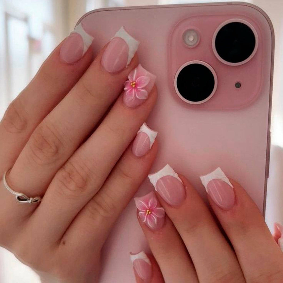 Cherry Blossom Short Square Pink Floral Accent Press On Nail Set