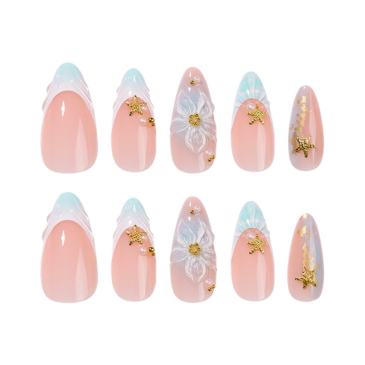 Whimsical Ocean Dream Medium Almond Pink Nails with Floral Accents and Gold Stars