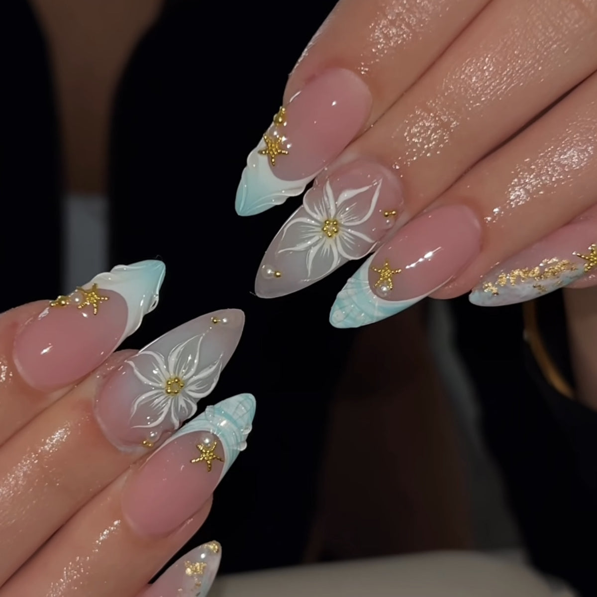 Ocean Breeze Medium Almond Pink and Blue Press-On Nail Set with Floral Design