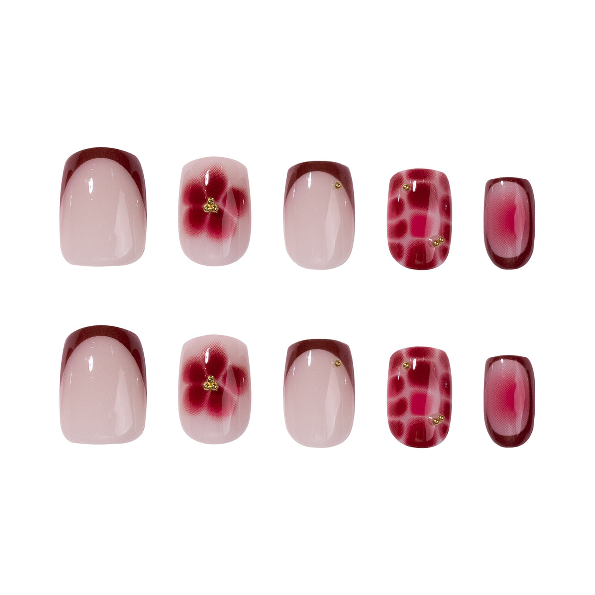 Floral Elegance Short Square Blush Pink with Artistic Gradient Tips and Gold Accents