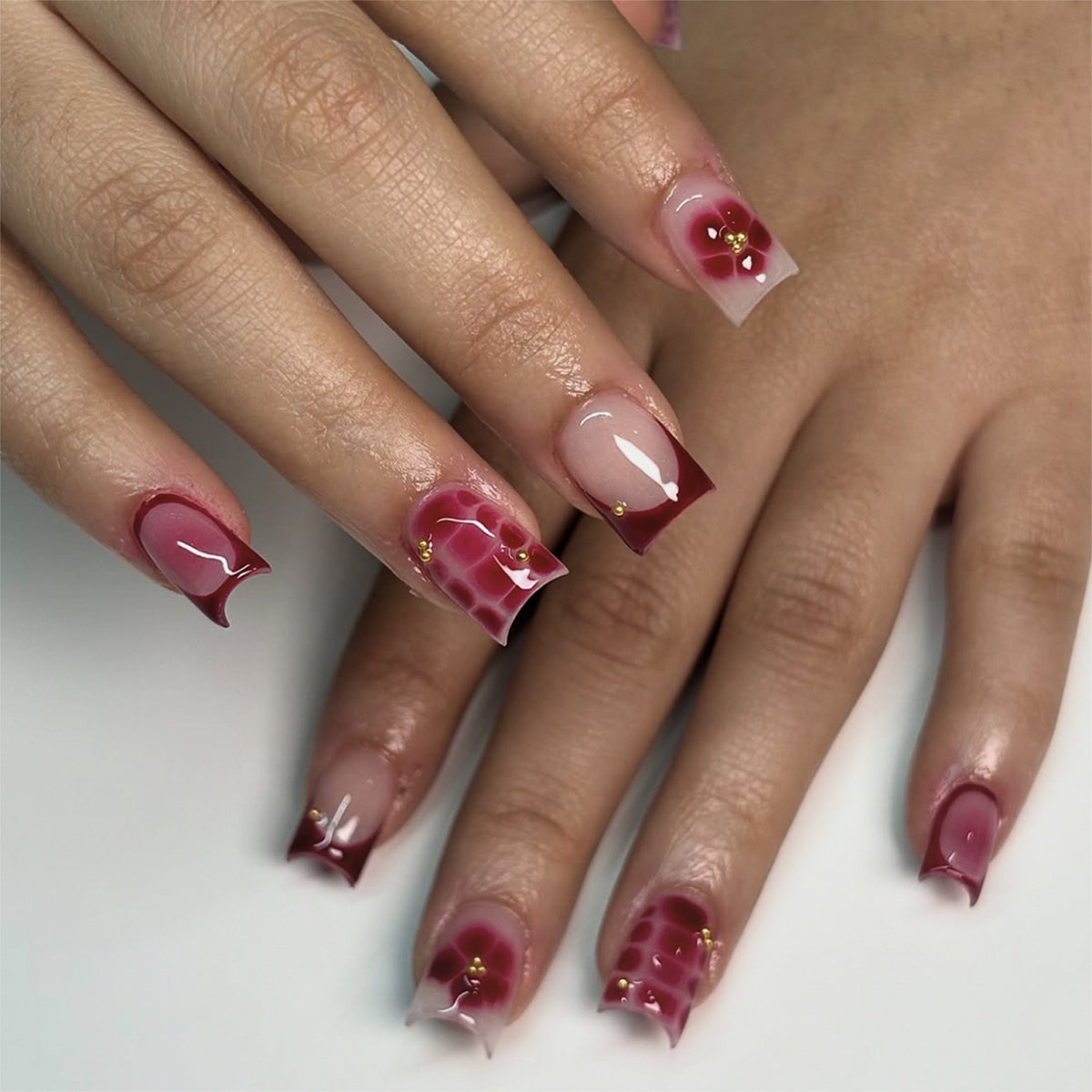 Elegant Blossom Short Square Burgundy Gradient with Floral Accents Press on Nail Set