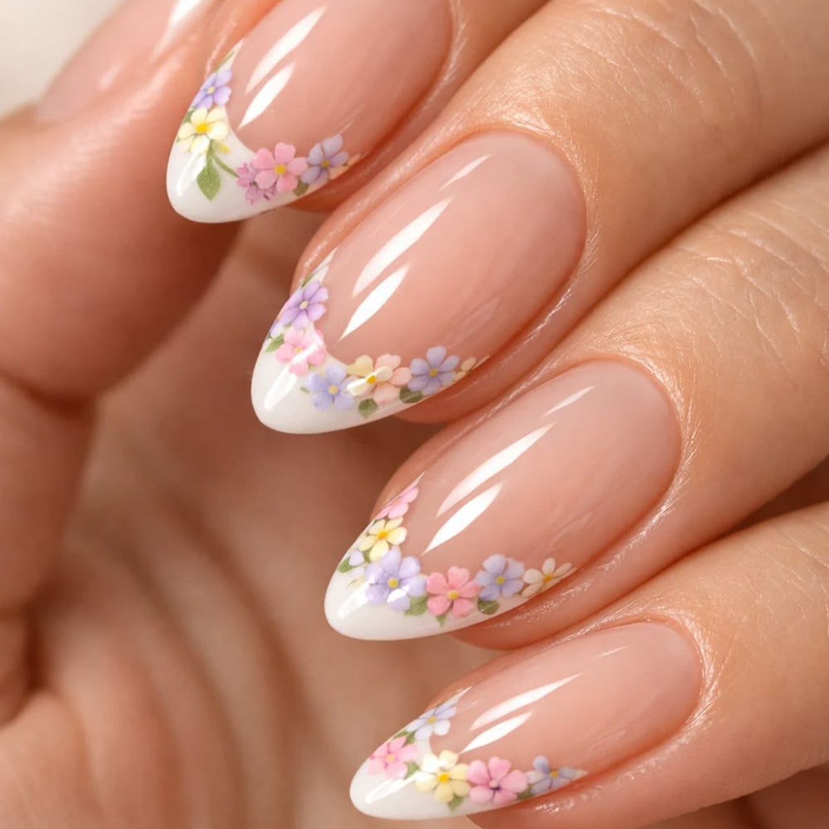 Whimsical Floral Medium Almond Press On Nail Set with Delicate Flower Accents