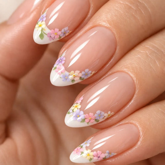 Whimsical Floral Medium Almond Press On Nail Set with Delicate Flower Accents