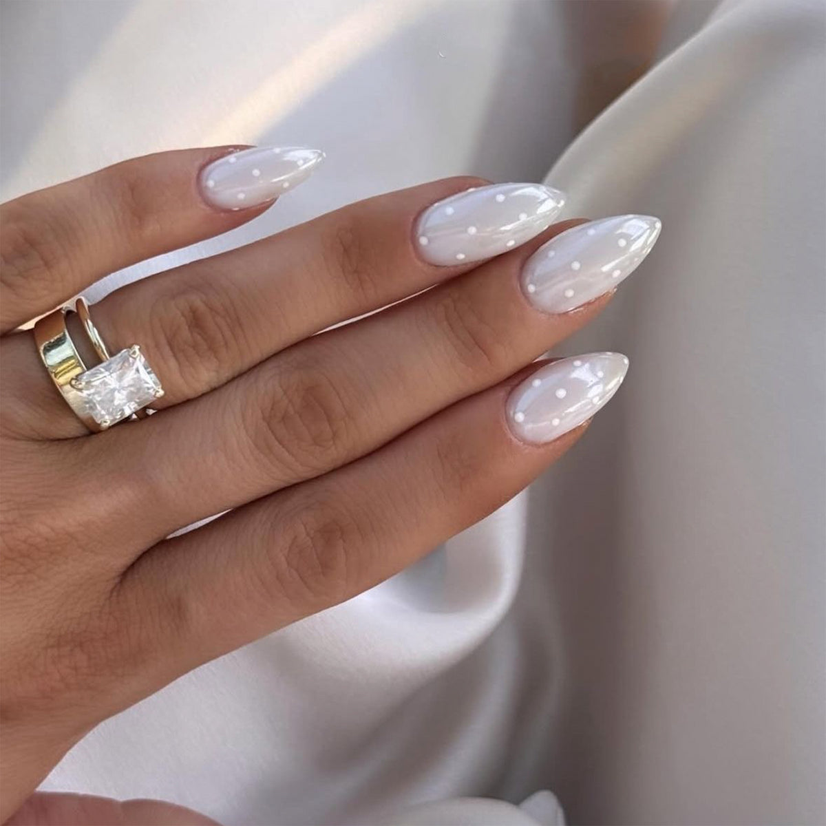 Elegant Dreamy Medium Almond White Nail Set with Polka Dot Design