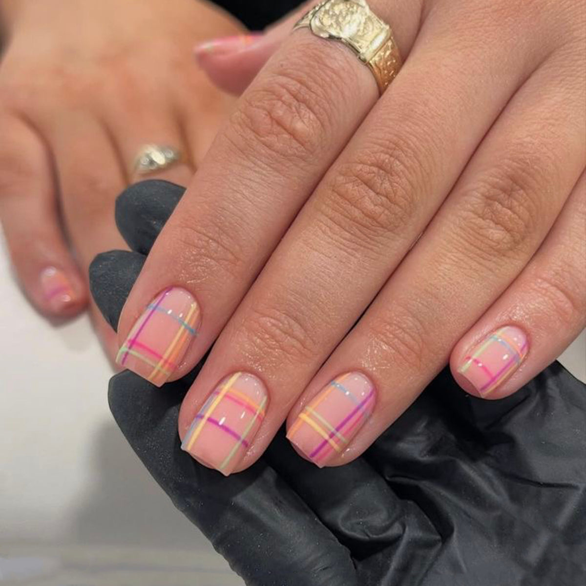 Pastel Plaid Short Square Pink and Yellow Design Press-On Nail Set