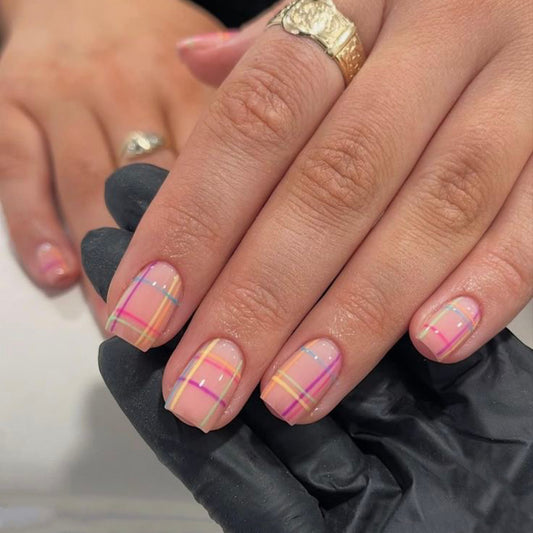 Pastel Plaid Short Square Pink and Yellow Design Press-On Nail Set