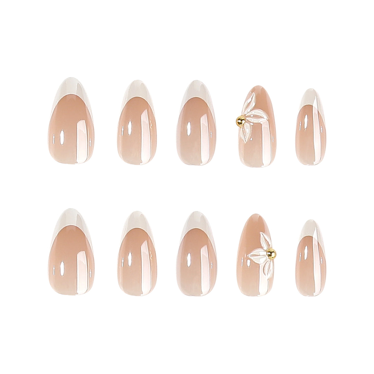 Botanical Bliss Medium Almond Beige Press On Nail Set with Floral Accents