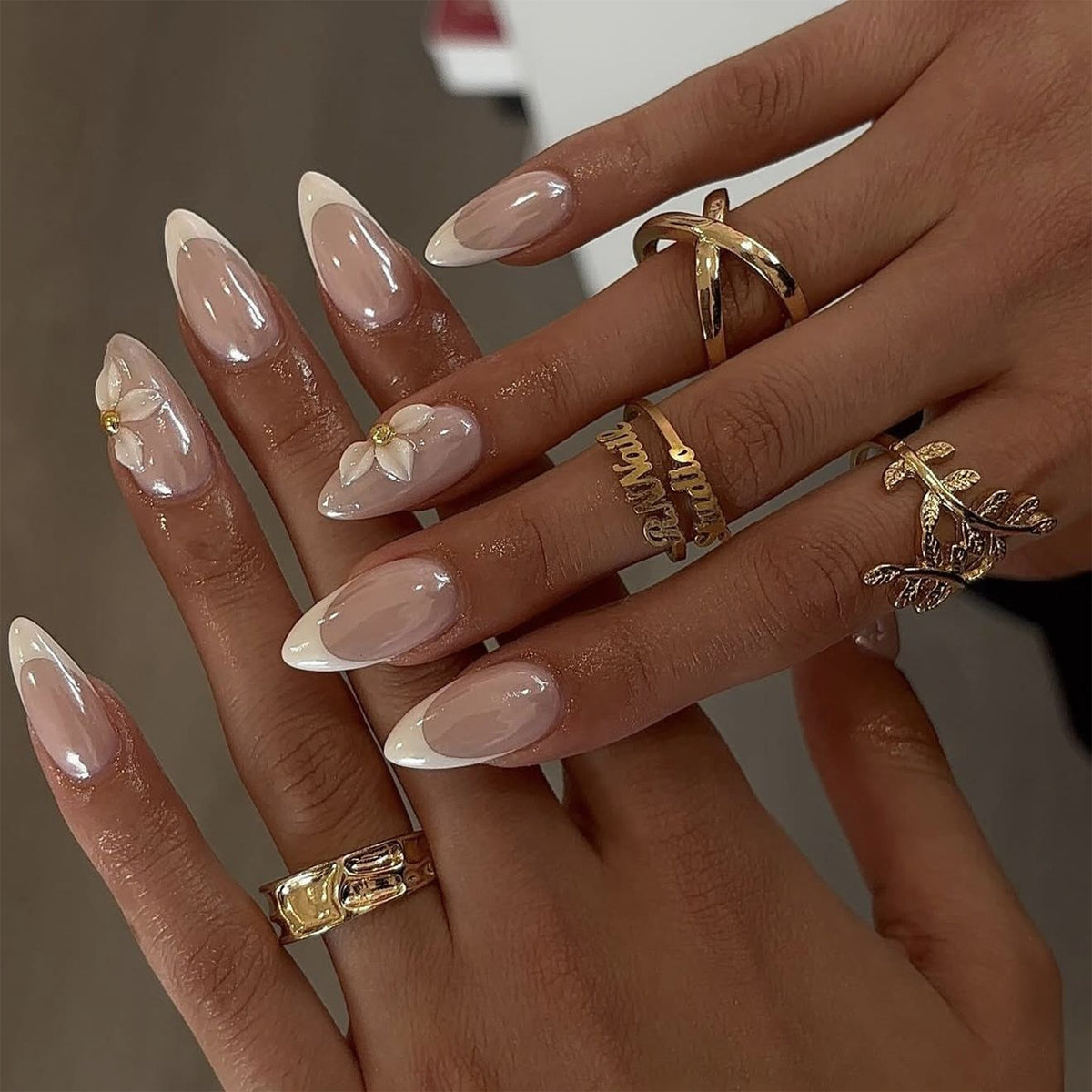 Elegant Floral Fantasy Medium Almond Natural Beige with Glossy Finish Press On Nail Set