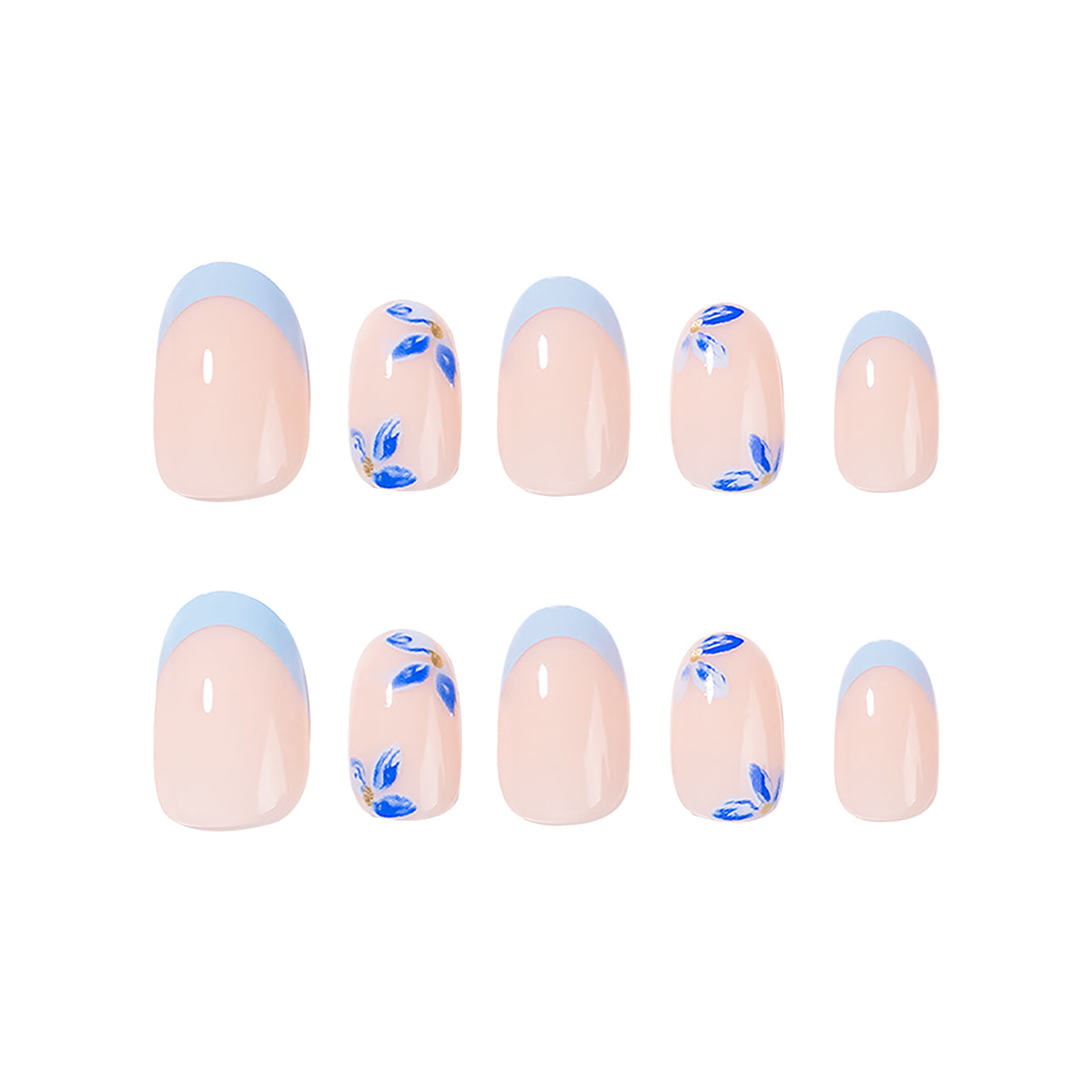 Charming Spring Blossom Short Oval Blue Tips Floral Nail Set