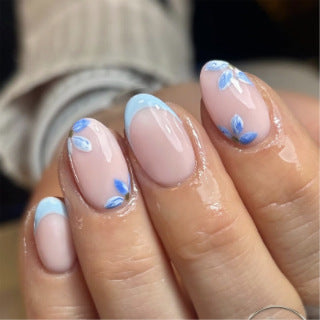 Dreamy Floral Fantasy Short Oval Blue Tip Nail Set
