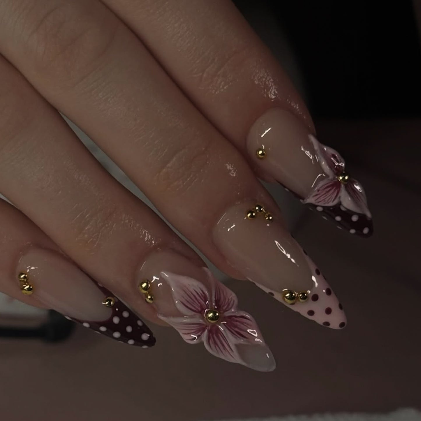 Floral Elegance Medium Almond Pink with Iridescent Detailing Press on Nail Set