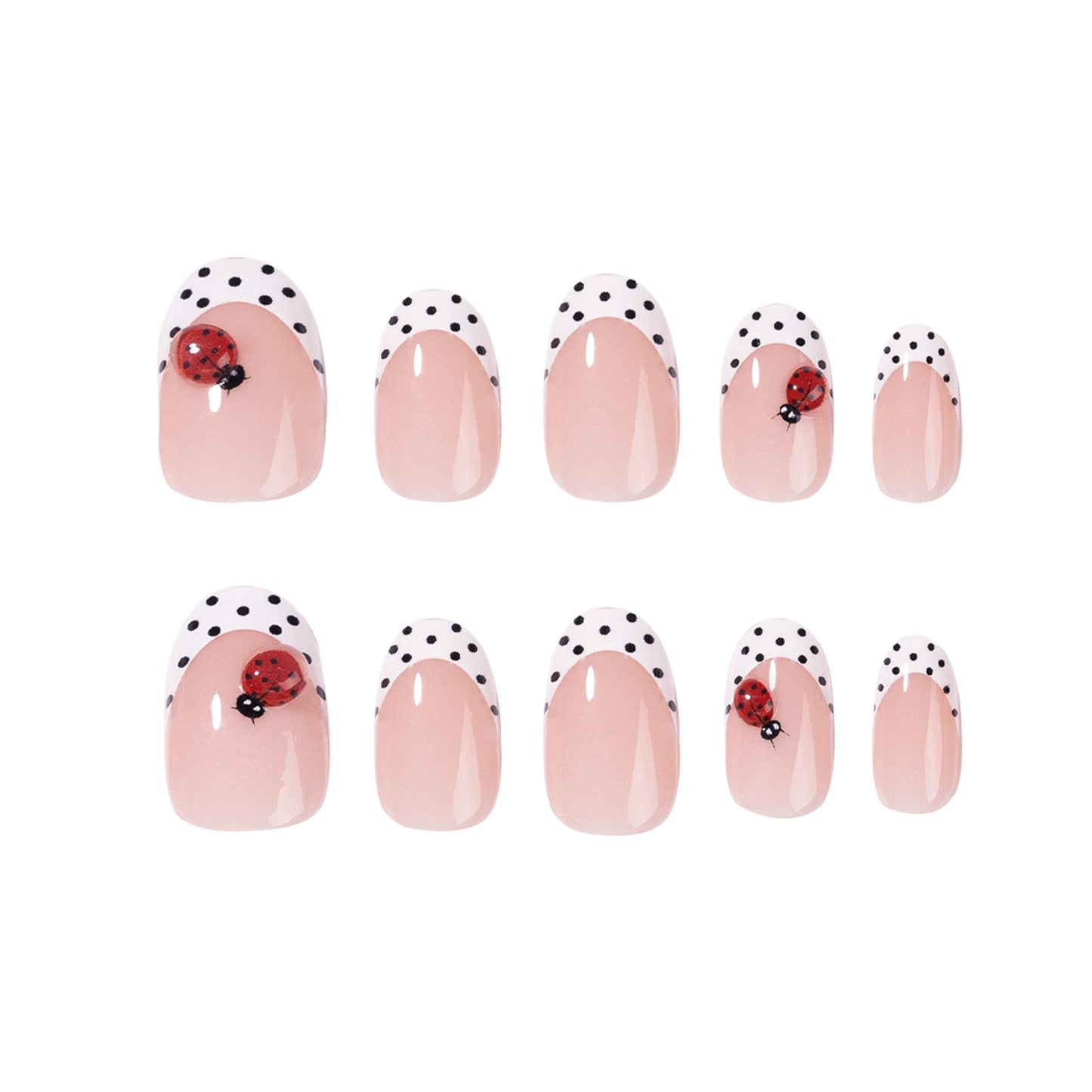 Ladybug Delight Medium Oval Coral Nails with Charming Polka Dots
