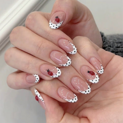 Ladybug Charm Medium Oval White Polka Dot Press On Nail Set