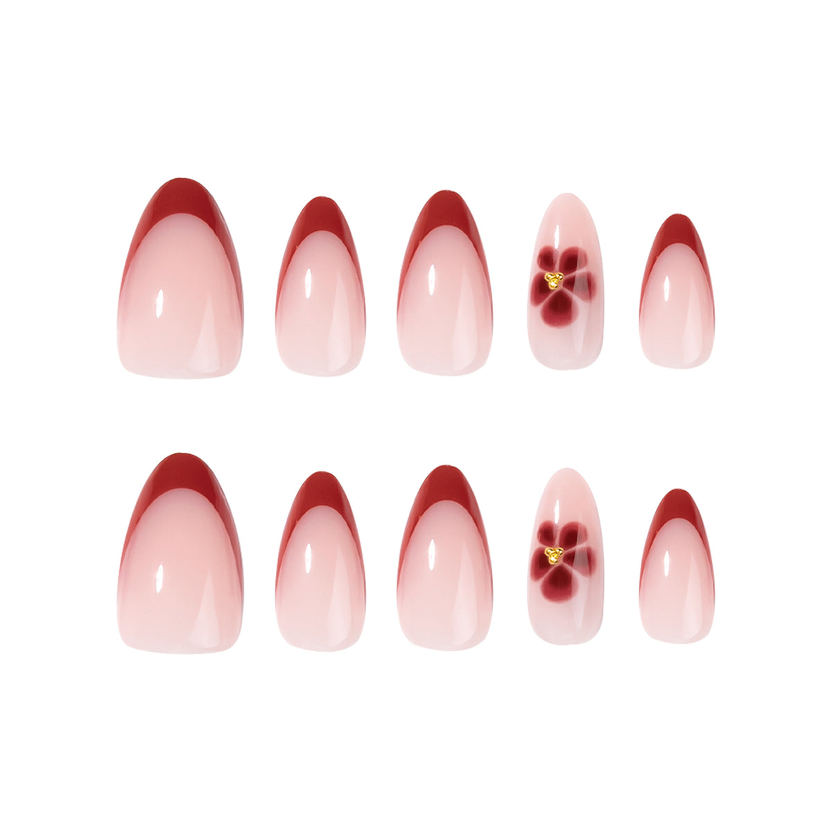 Blooming Elegance Medium Almond Pink Ombre Press On Nail Set with Floral Accent