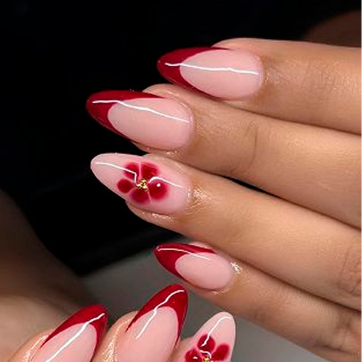 Chic Floral Medium Almond Red Accent Press On Nail Set