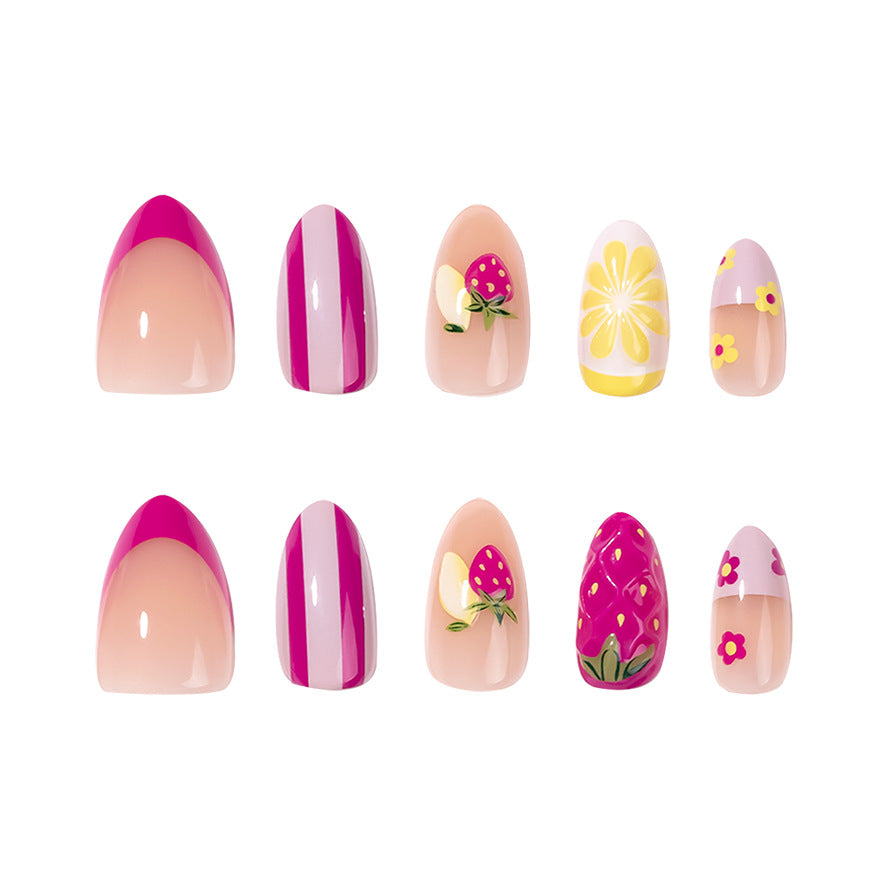 Charming Springtime Medium Almond Pink with Floral and Fruit Designs Press on Nail Set