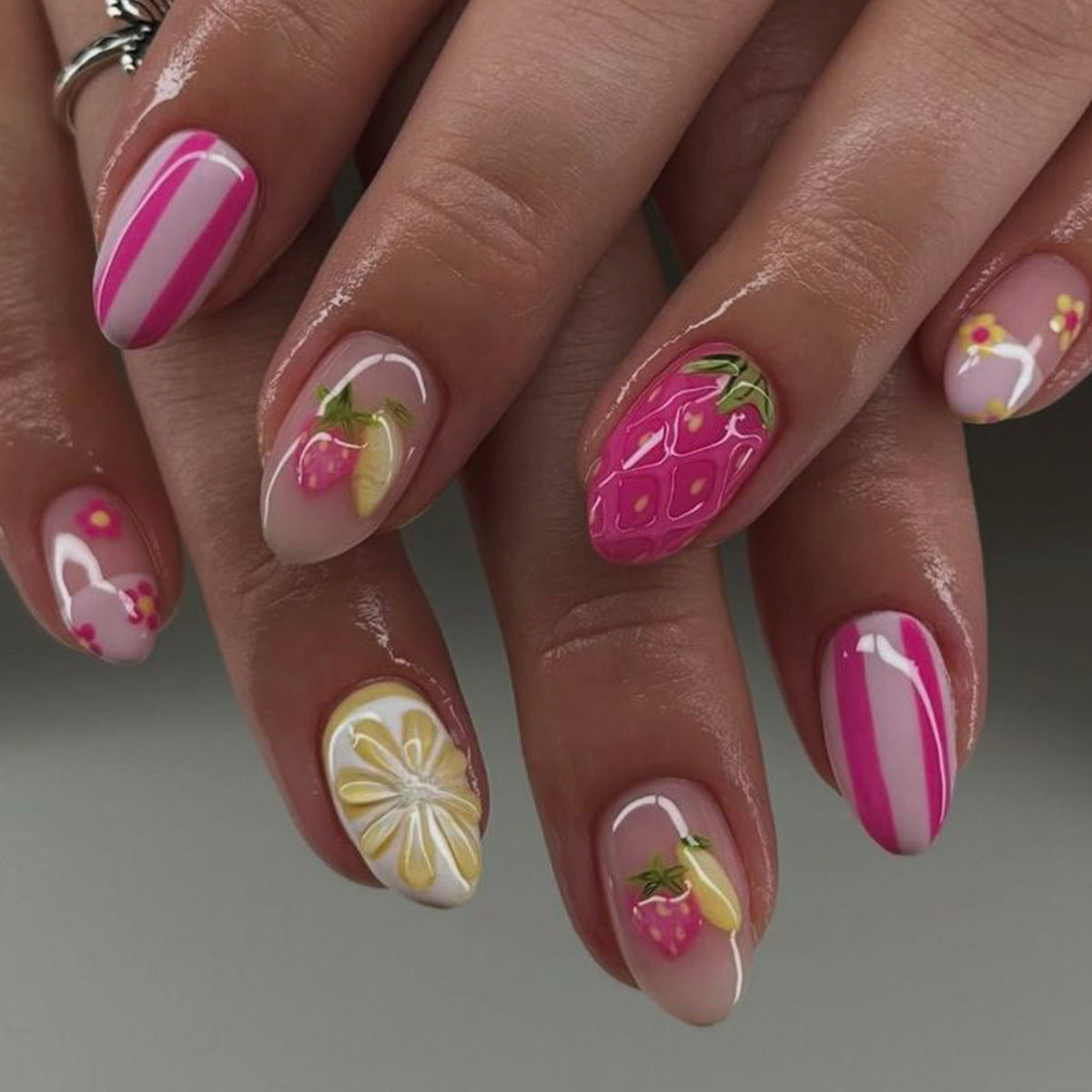 Tropical Vibes Medium Almond Pink with Fruit Art Design Press On Nail Set