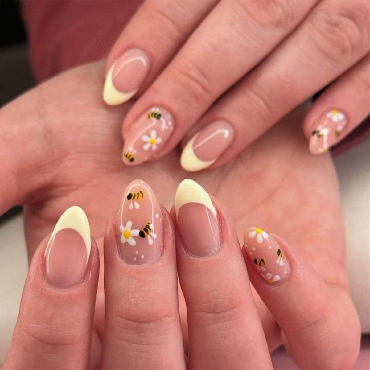 Bee Inspired Medium Oval Yellow French Tip Press On Nail Set with Floral Accents