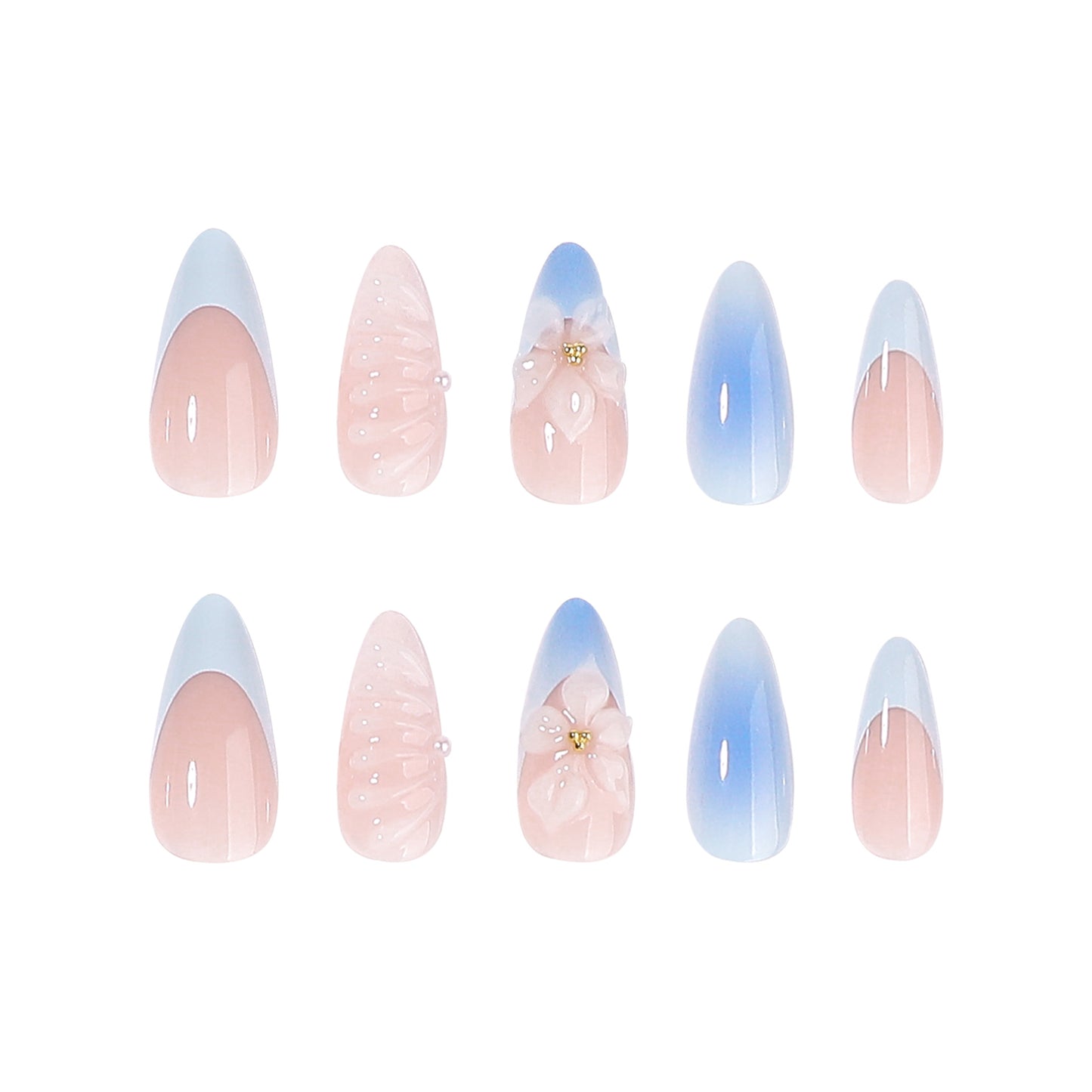 Cherished Blossom Medium Almond Ombre Pastel Design Press-On Nail Set