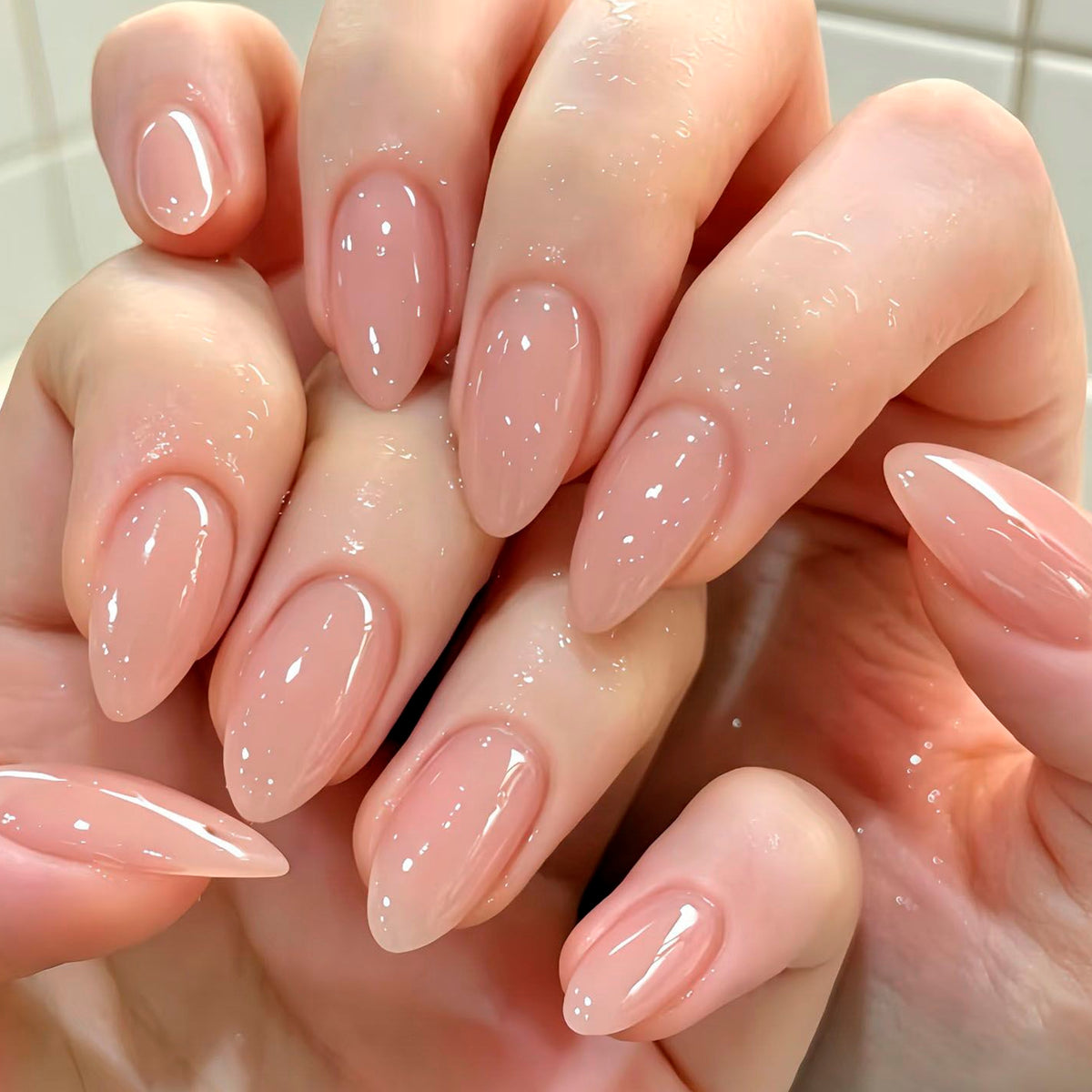 Glamorous Elegance Medium Almond Blush Pink Glossy Nail Set