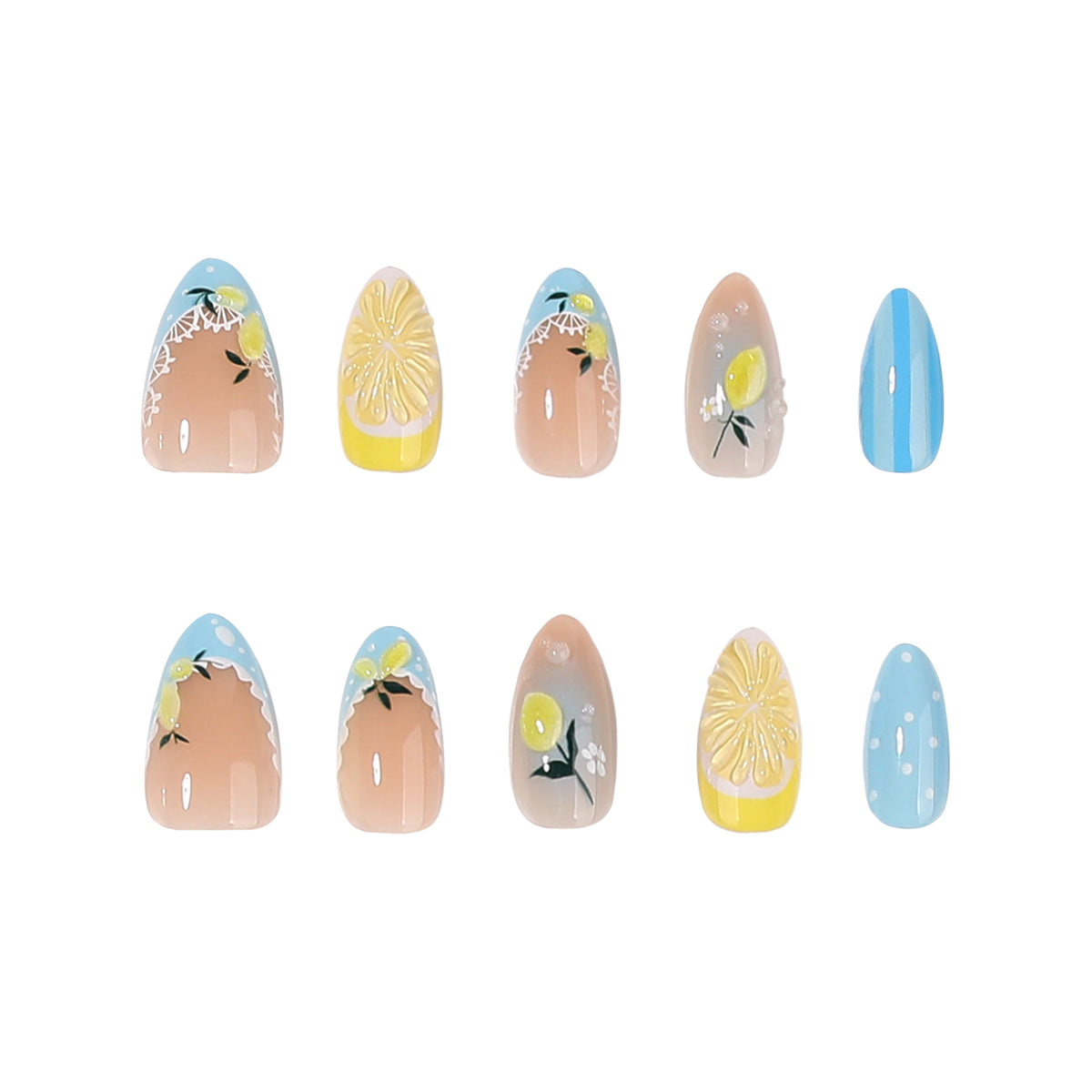 Sunshine Inspired Medium Almond Pastel Colors with Floral Accents Press On Nail Set