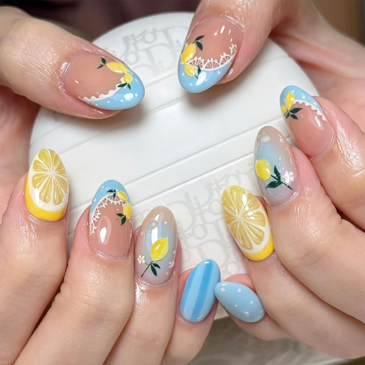 Citrus Delight Medium Almond Blue with Floral Accent Press-On Nail Set