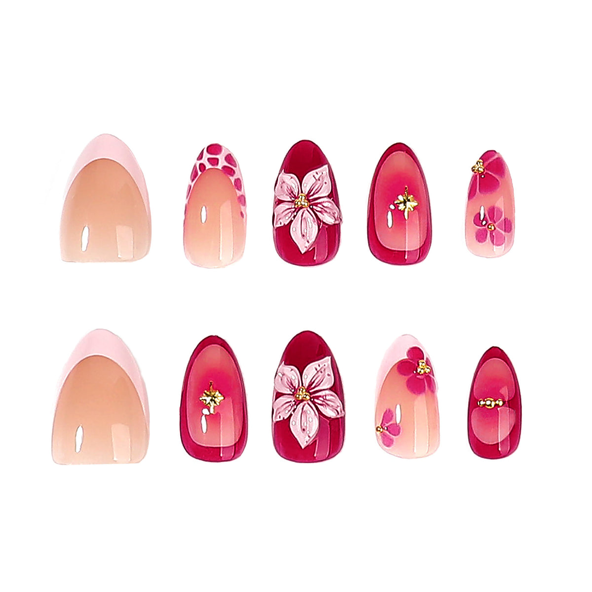 Floral Elegance Medium Almond Ruby Red with Unique Flower Accents Press On Nail Set
