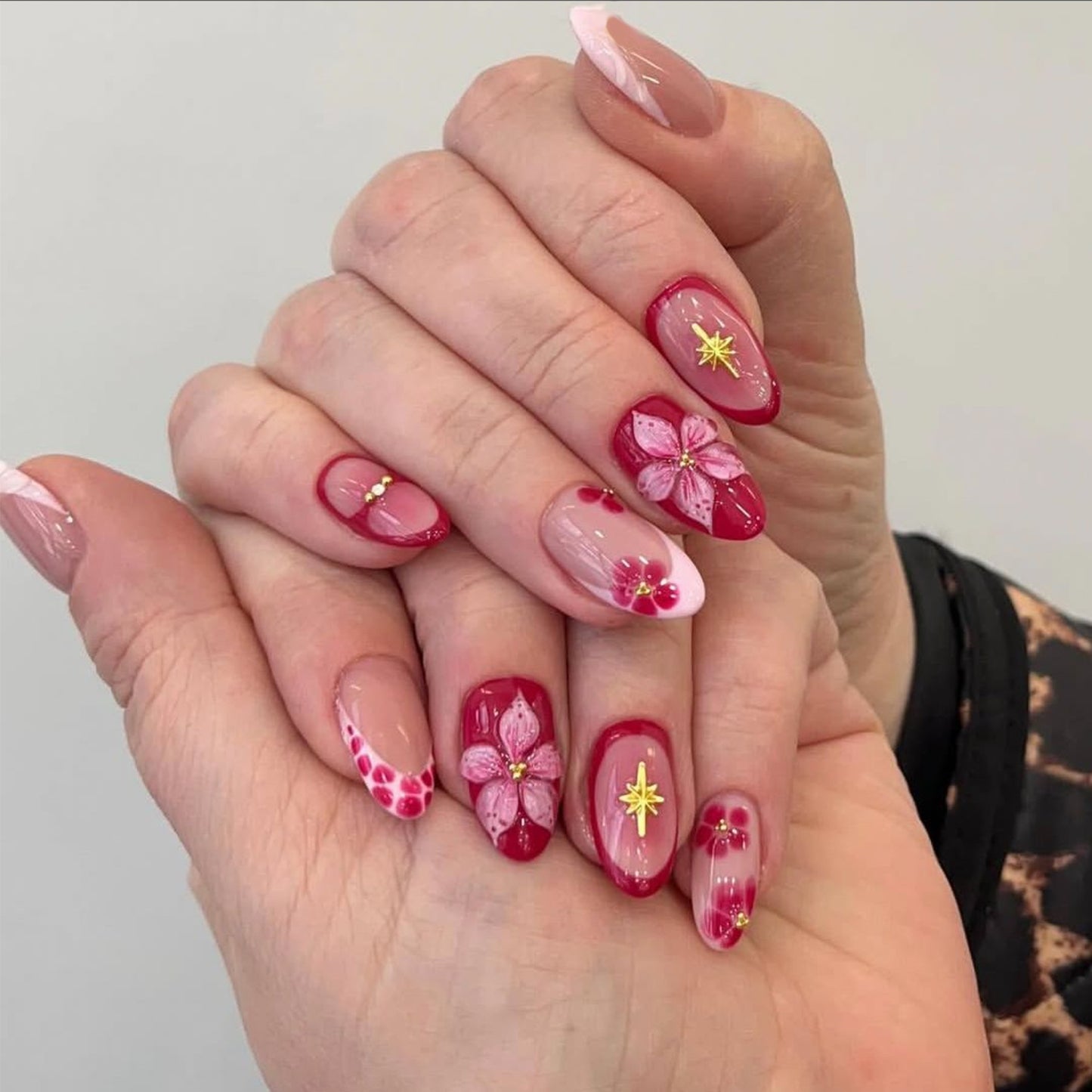 Blooming Elegance Medium Almond Red Floral Design Press On Nail Set