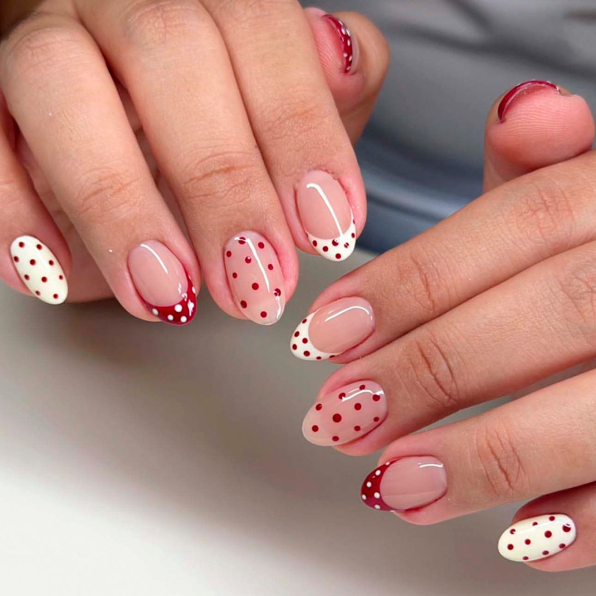 Cherry Blossom Delight Medium Almond Red Polka Dot Press On Nail Set