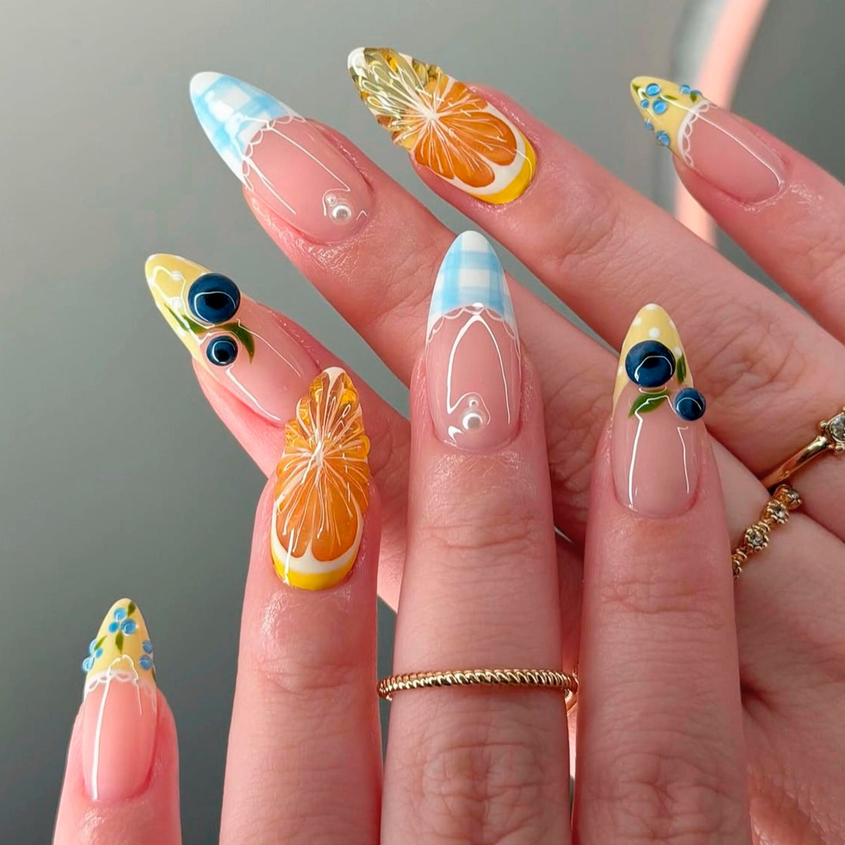 Tropical Sunshine Medium Almond Blue and Yellow Floral Nail Set