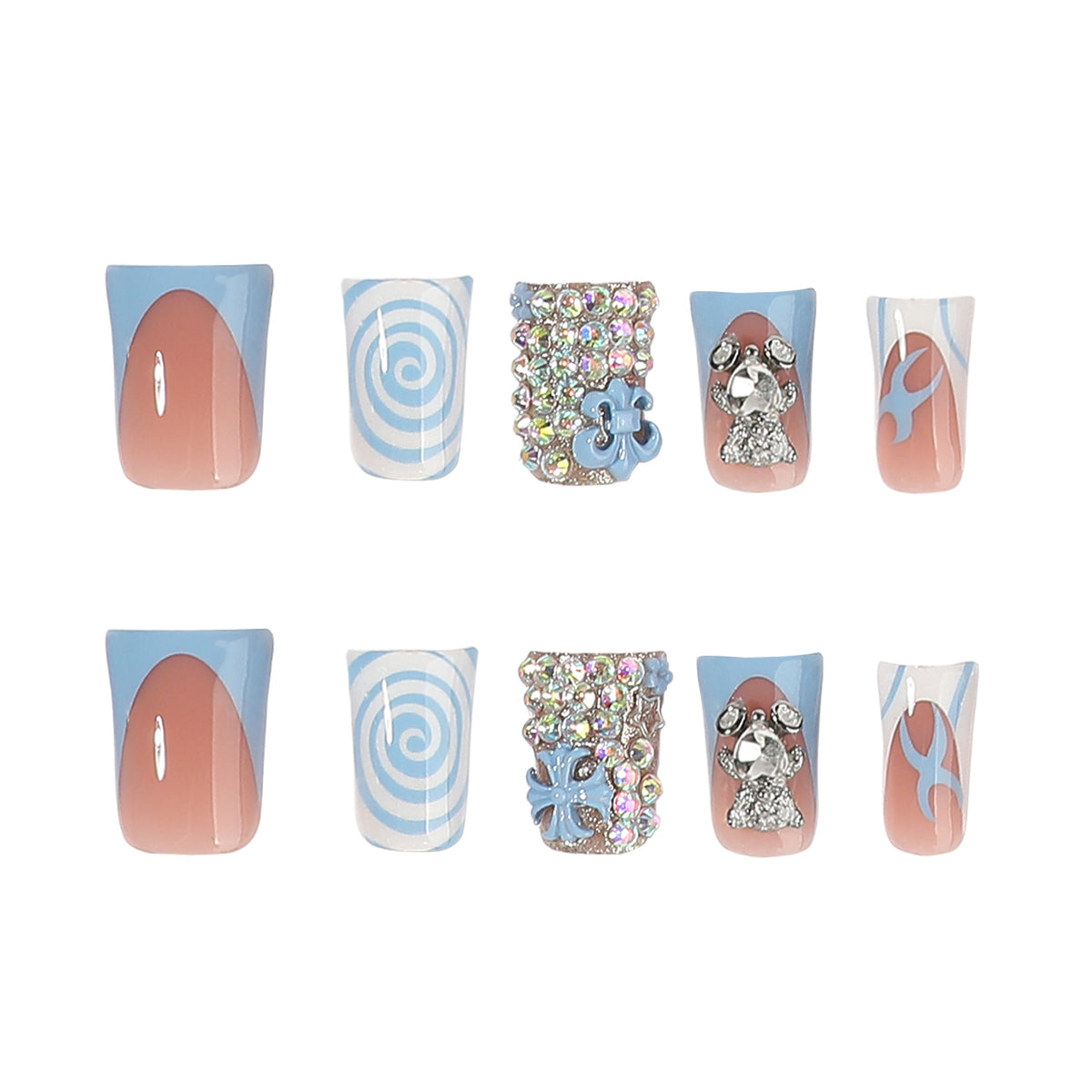 Whimsical Blue Long Duck Press On Nail Set with Sparkling Rhinestone Accents