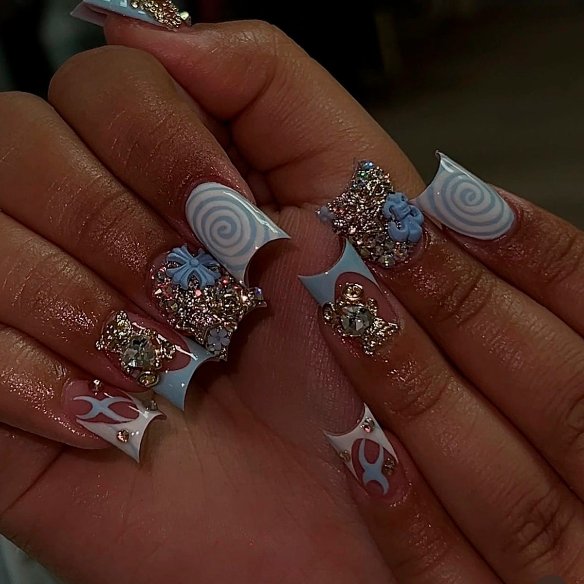 Whimsical Ice Cream Dream Long Duck Blue with Glittery Gem Accents Press On Nail Set