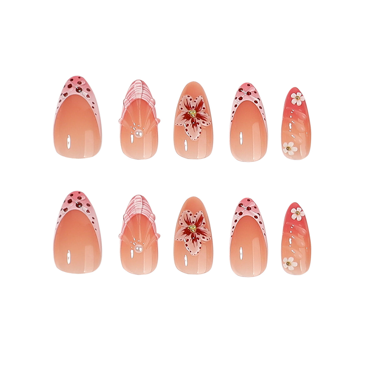 Whimsical Blossom Medium Almond Pink Floral Design Press On Nail Set