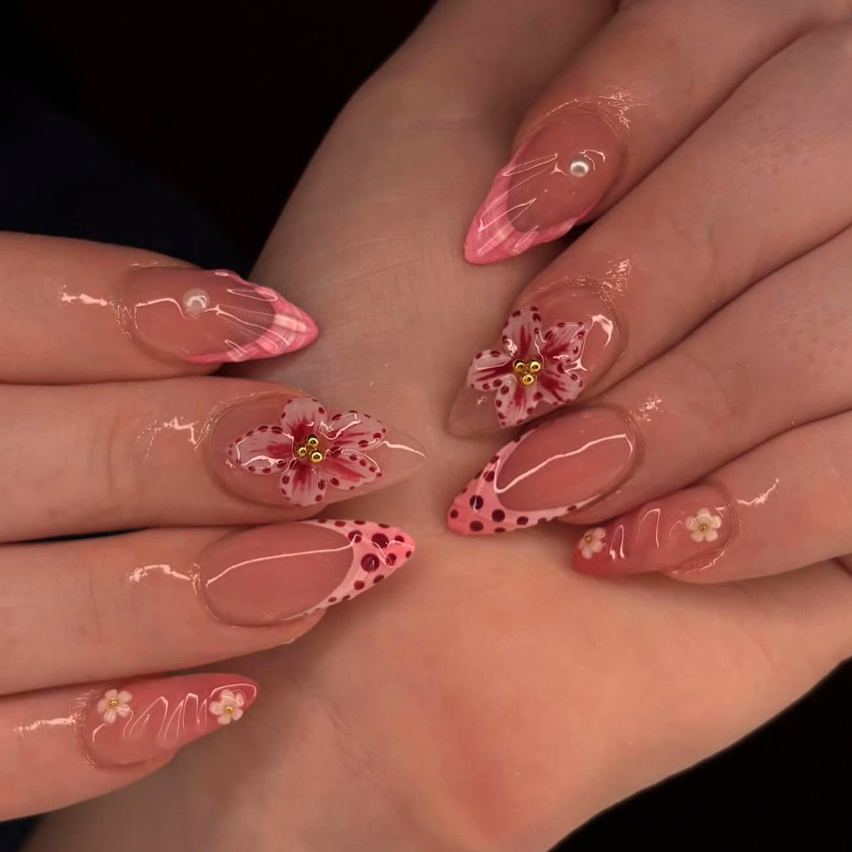 Floral Fantasy Medium Almond Pink with Decorative Flower Accents Press on Nail Set