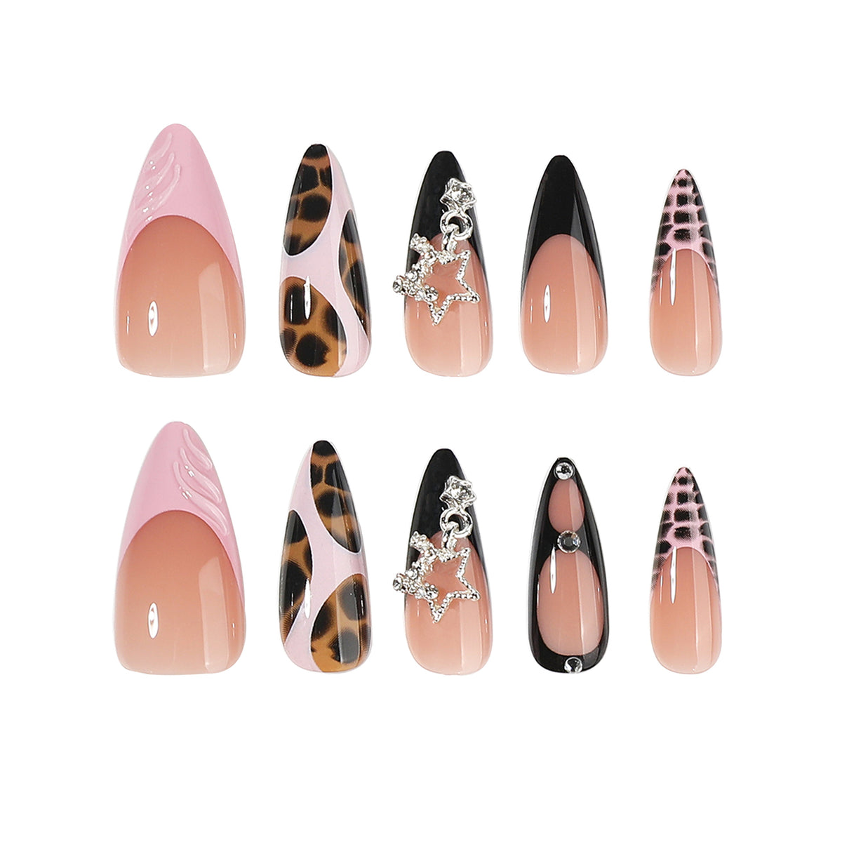 Wild Safari Inspired Medium Almond Animal Print Press On Nail Set with Glamorous Charms