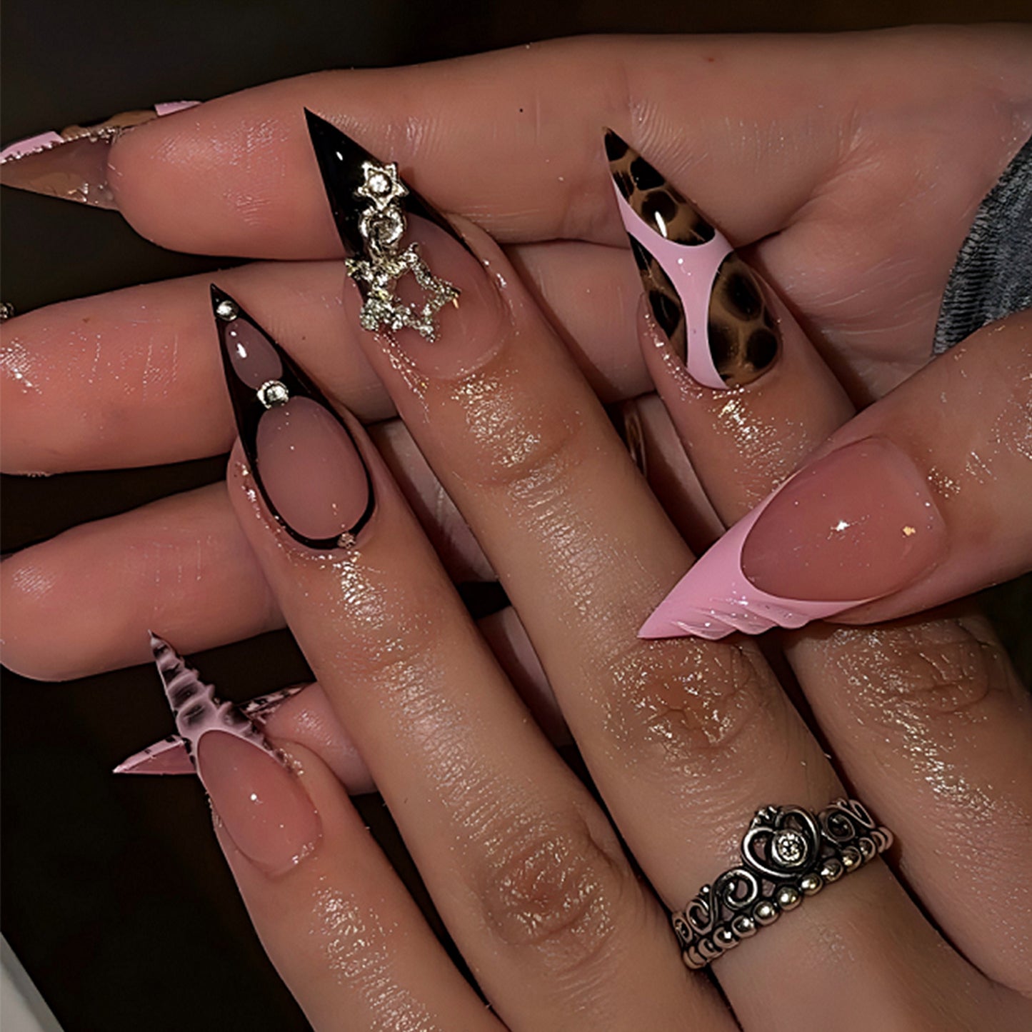 Glamorous Stiletto Long Pink and Black Nail Set with Unique Decorative Accents
