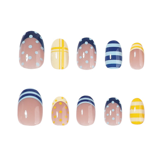 Nautical Charm Short Round Blue and Yellow Striped Design Press-On Nail Set