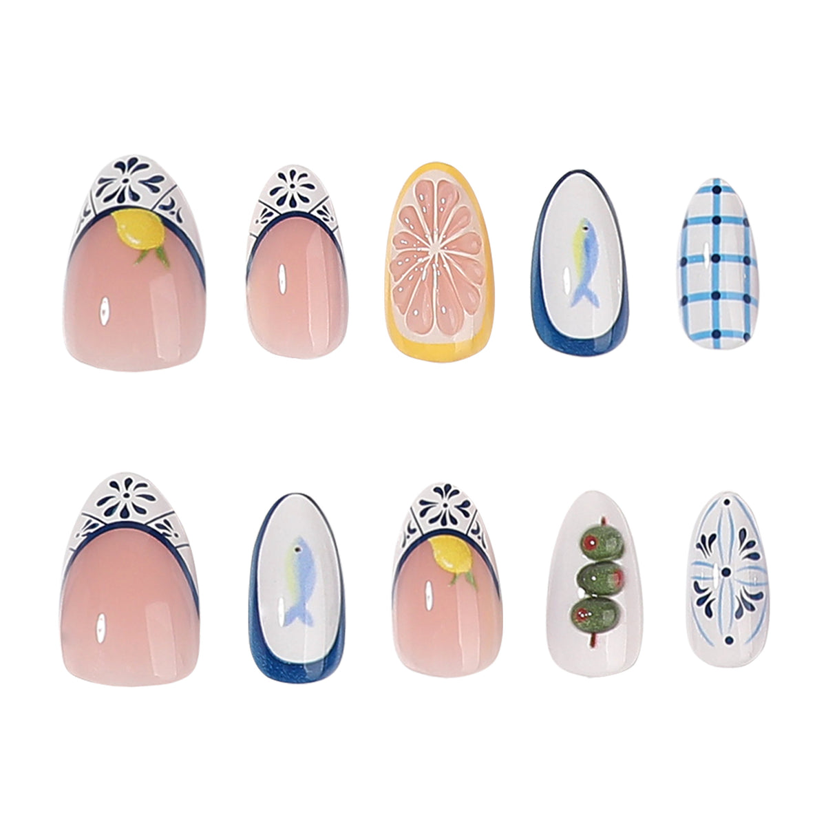 Summer Vibes Short Almond Pink with Delightful Citrus and Fish Designs Press-On Nail Set