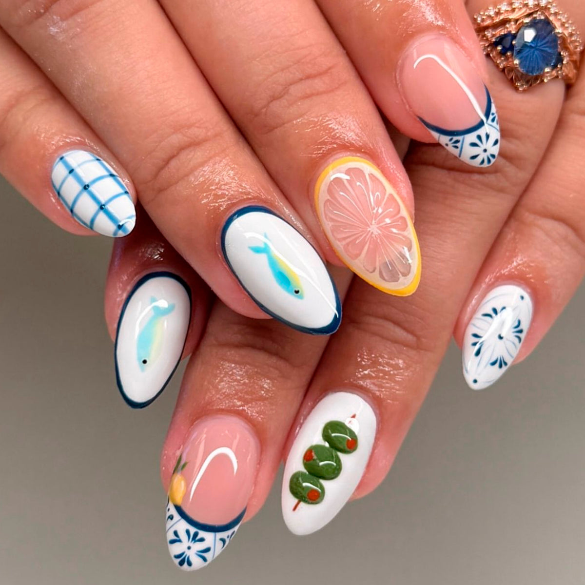 Tropical Paradise Medium Almond Blue Waves Press On Nail Set
