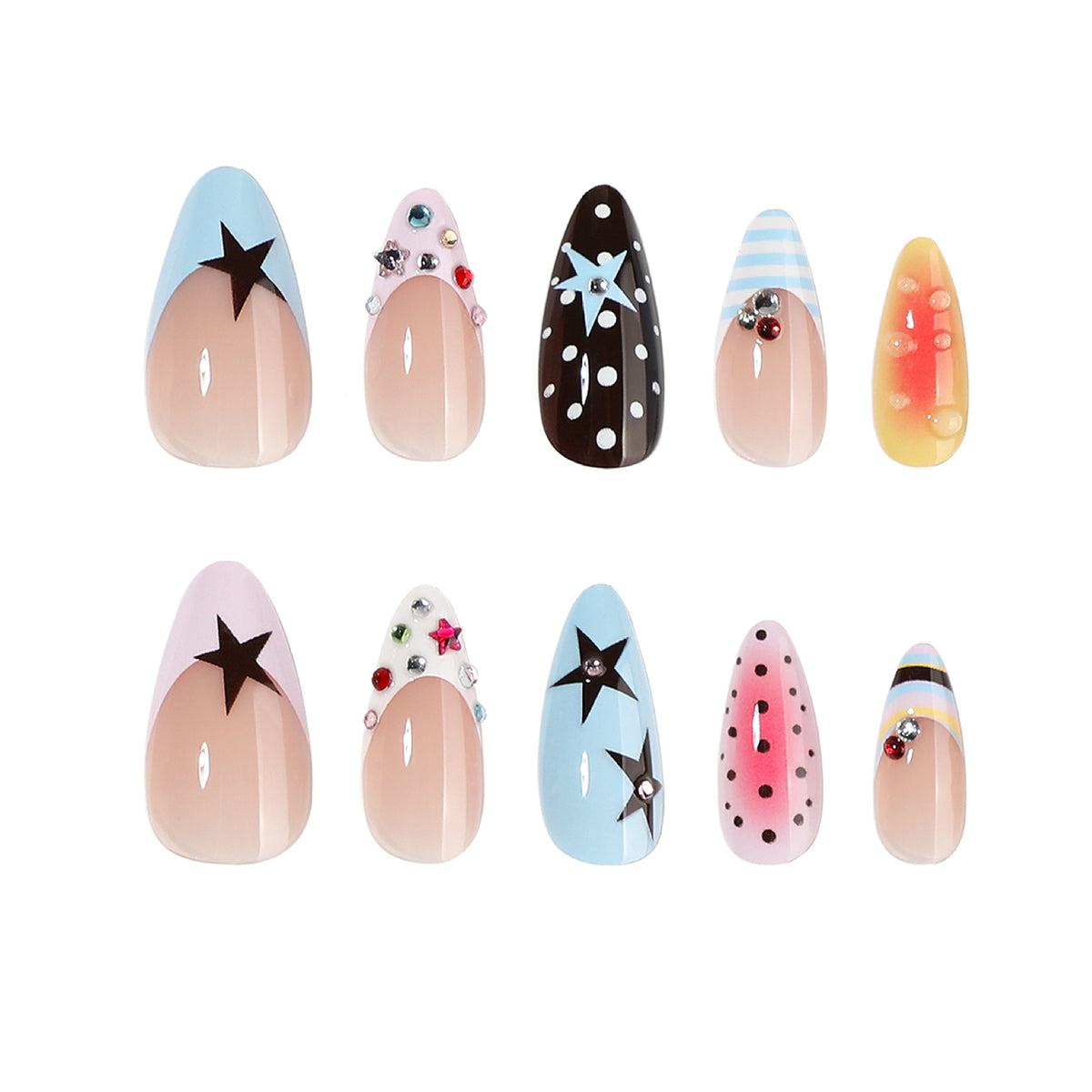 Whimsical Stars Medium Almond Blue with Sparkling Accents Press On Nail Set