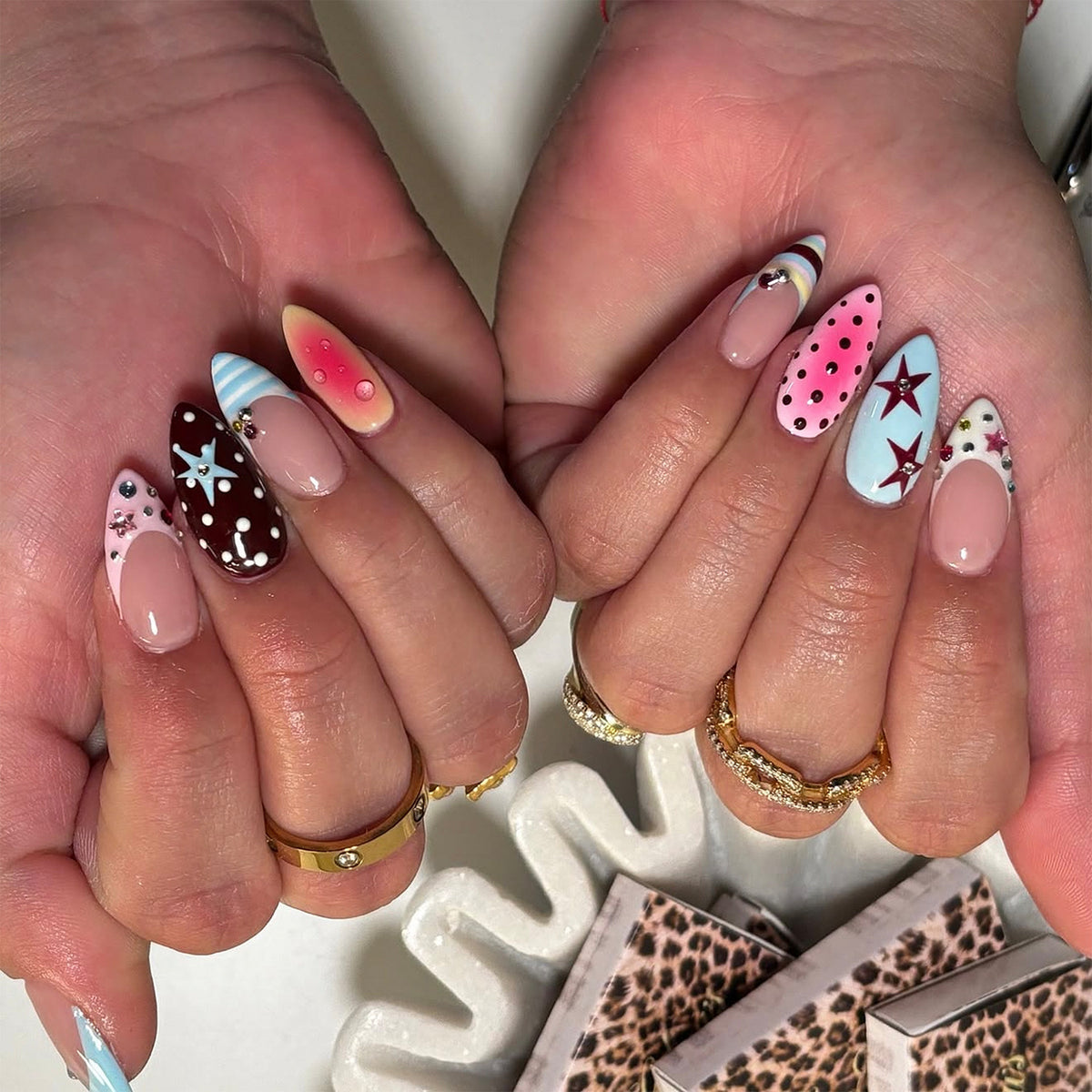 Whimsical Dream Medium Almond Multicolored Nail Set with Unique Star Accents