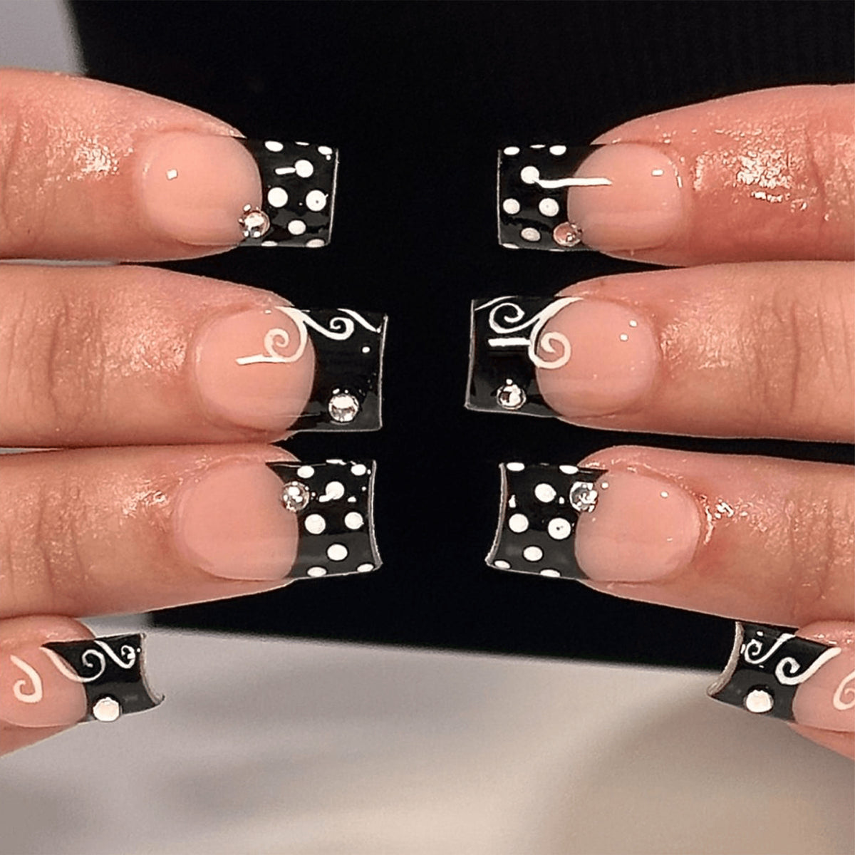 Chic Noir Short Square Black and White Design with Glitter Accents Press On Nail Set