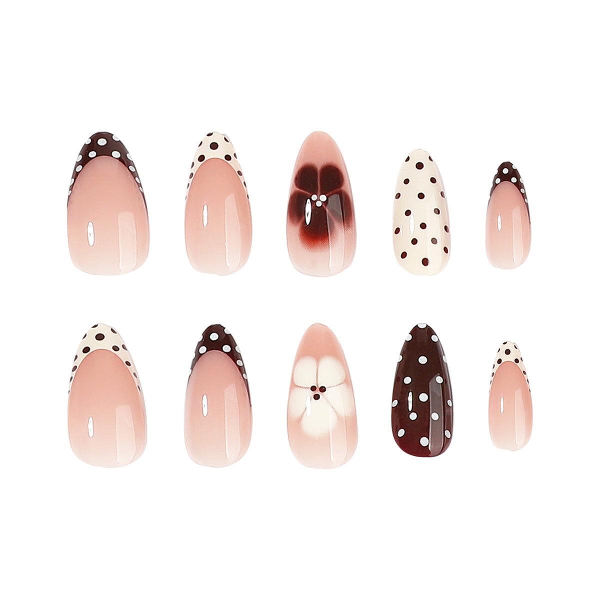 Chic Floral Elegance Medium Almond Soft Pink with Polka Dot Accent Press On Nail Set