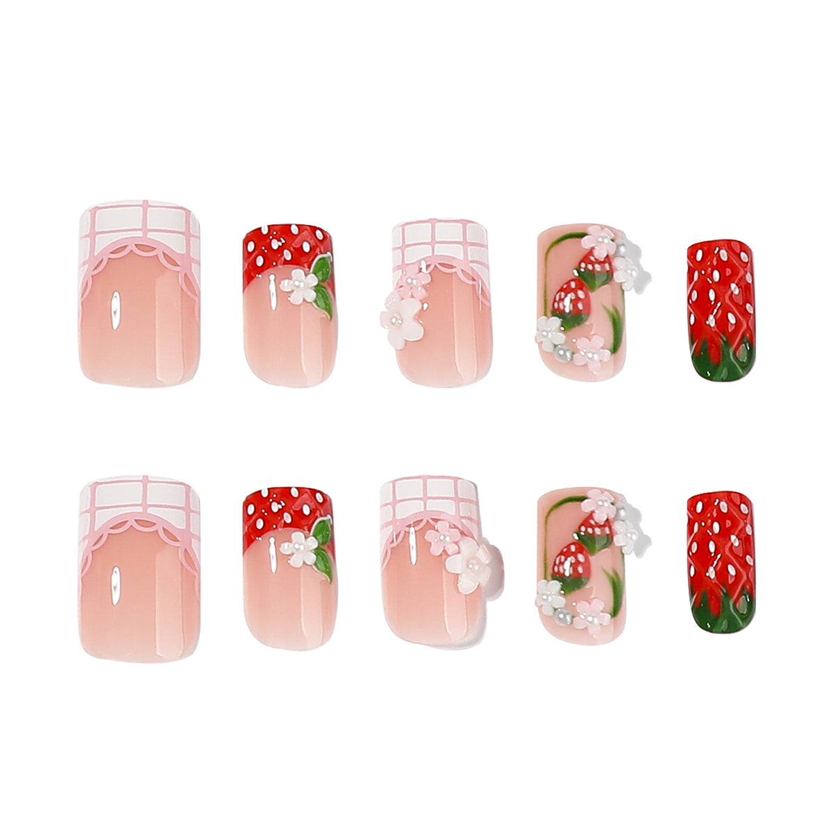 Strawberry Delight Short Square Pink with Floral Accents Press On Nail Set