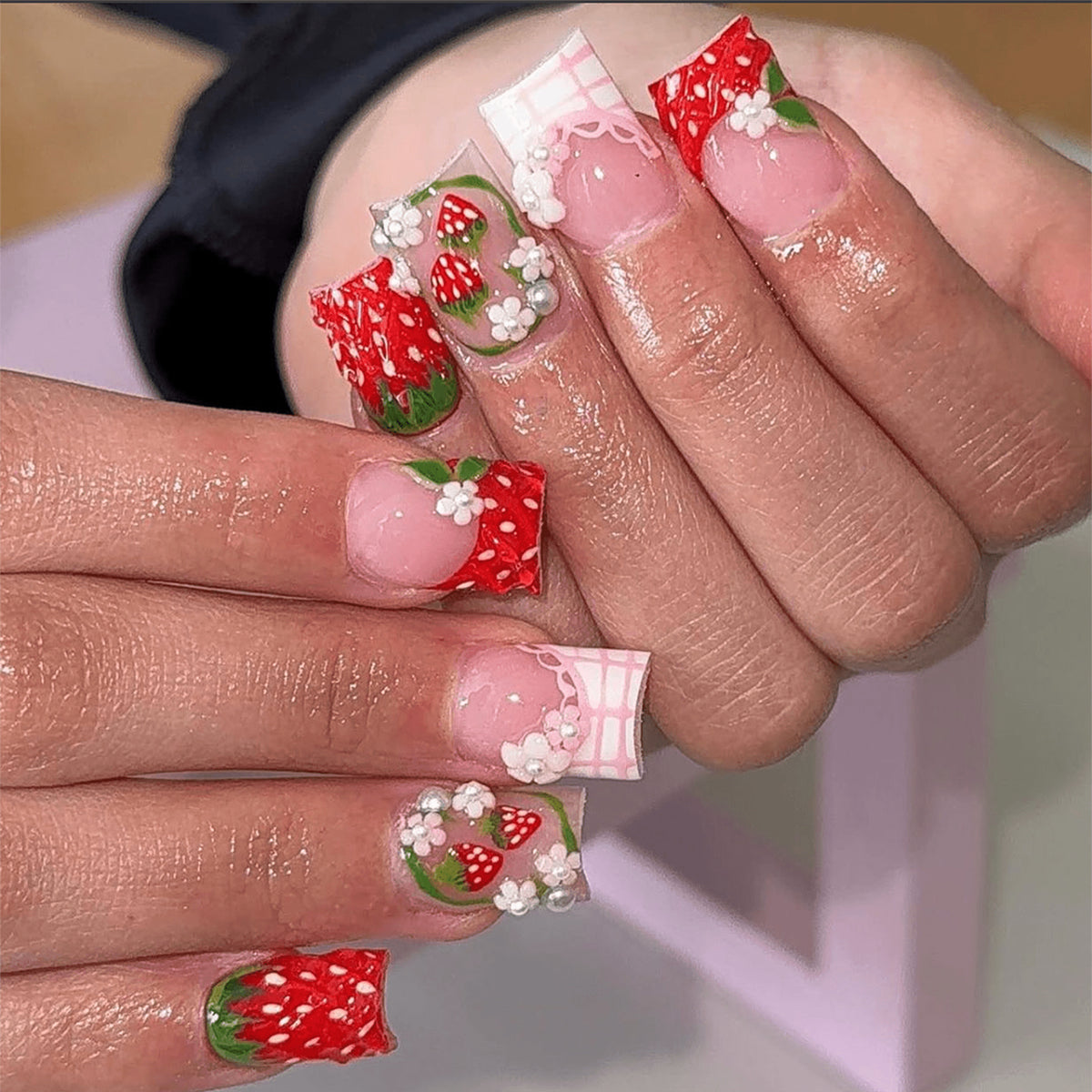 Strawberry Dream Short Square Red Floral Press On Nail Set