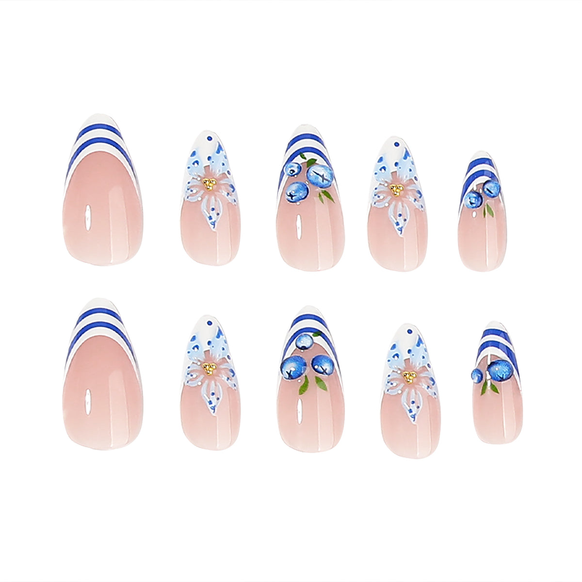 Elegant Floral Fantasy Long Almond Blue Floral Design Press on Nail Set