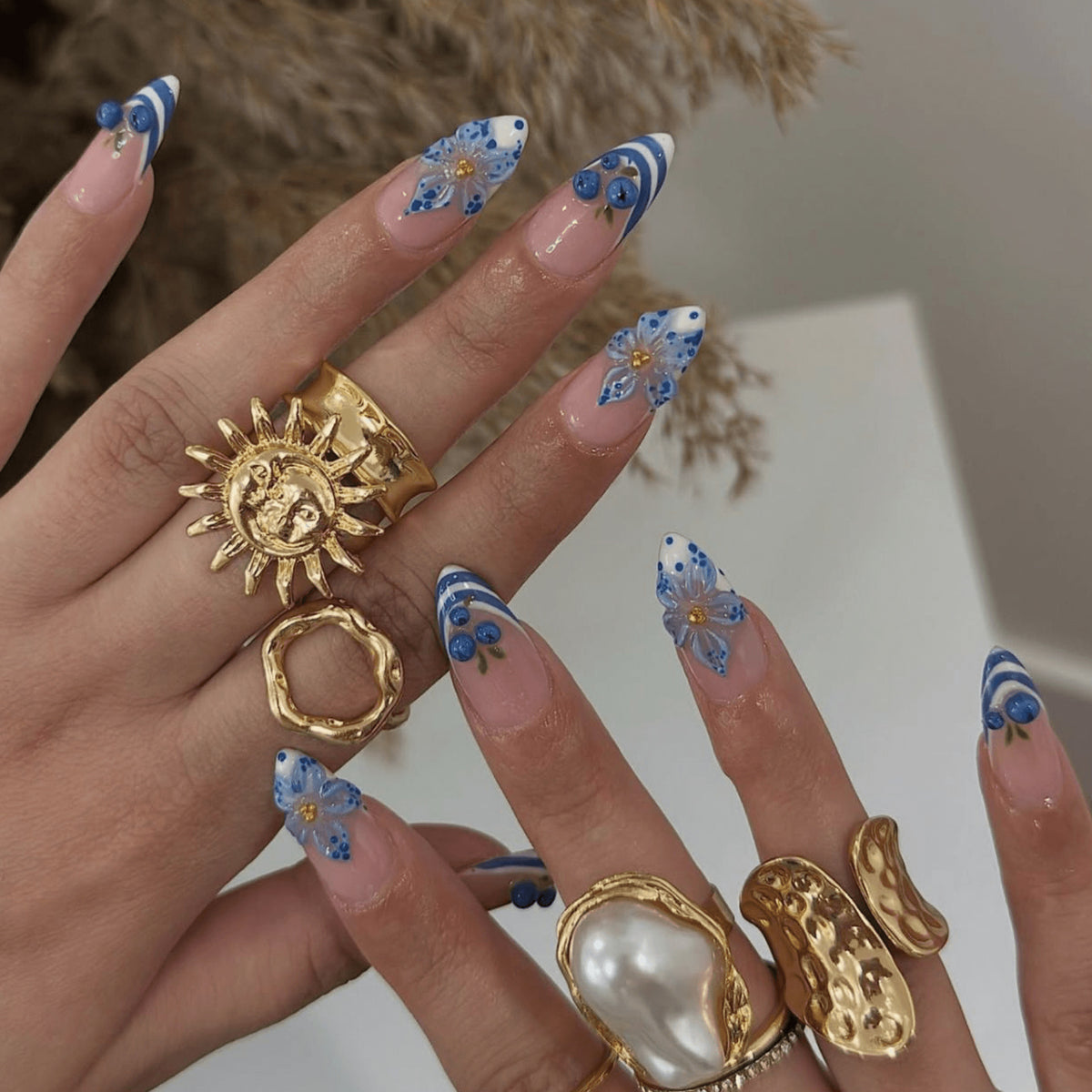 Bohemian Medium Almond Blue Floral Design Press On Nail Set