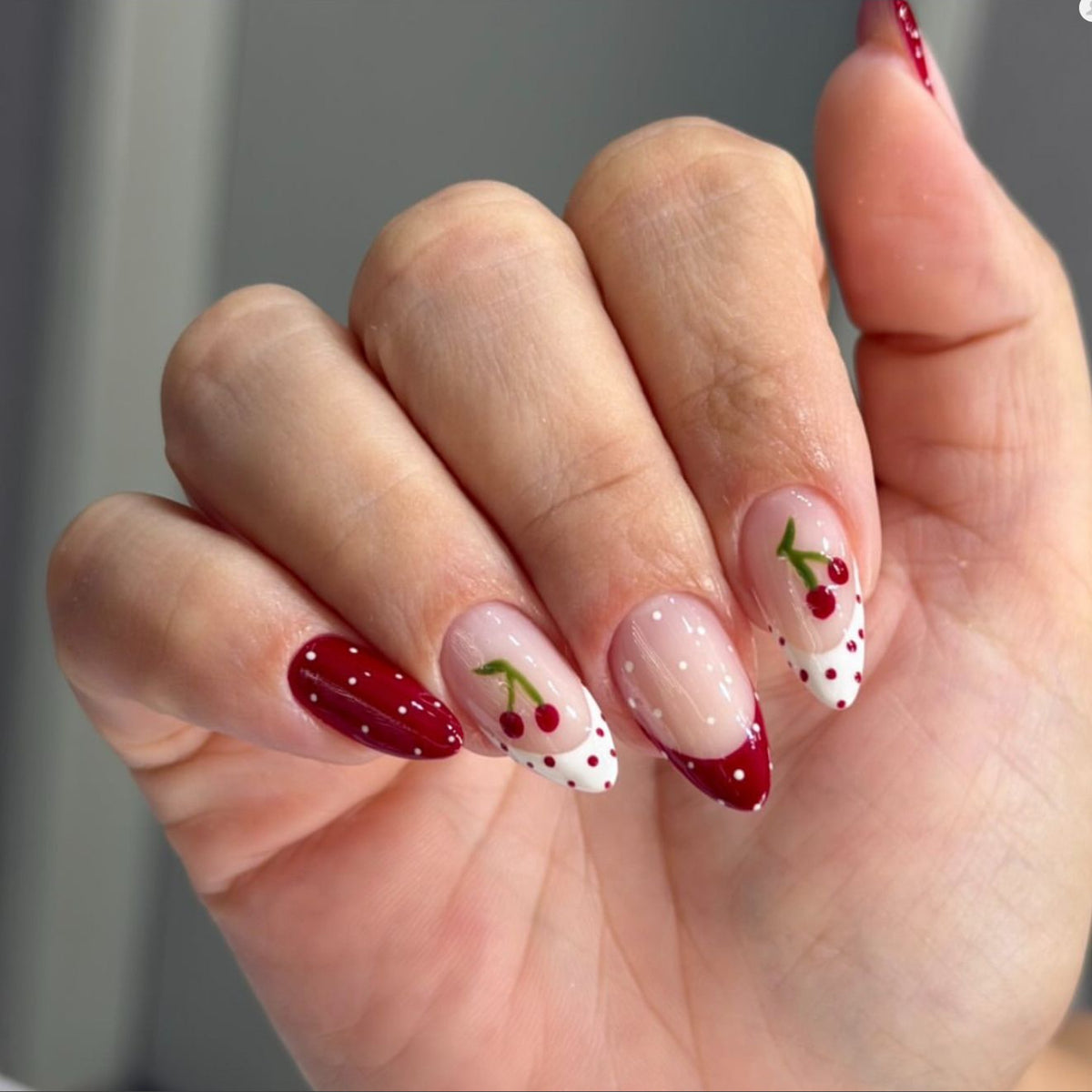 Cherry Delight Medium Almond Burgundy and White Press-On Nail Set with Whimsical Cherry Design