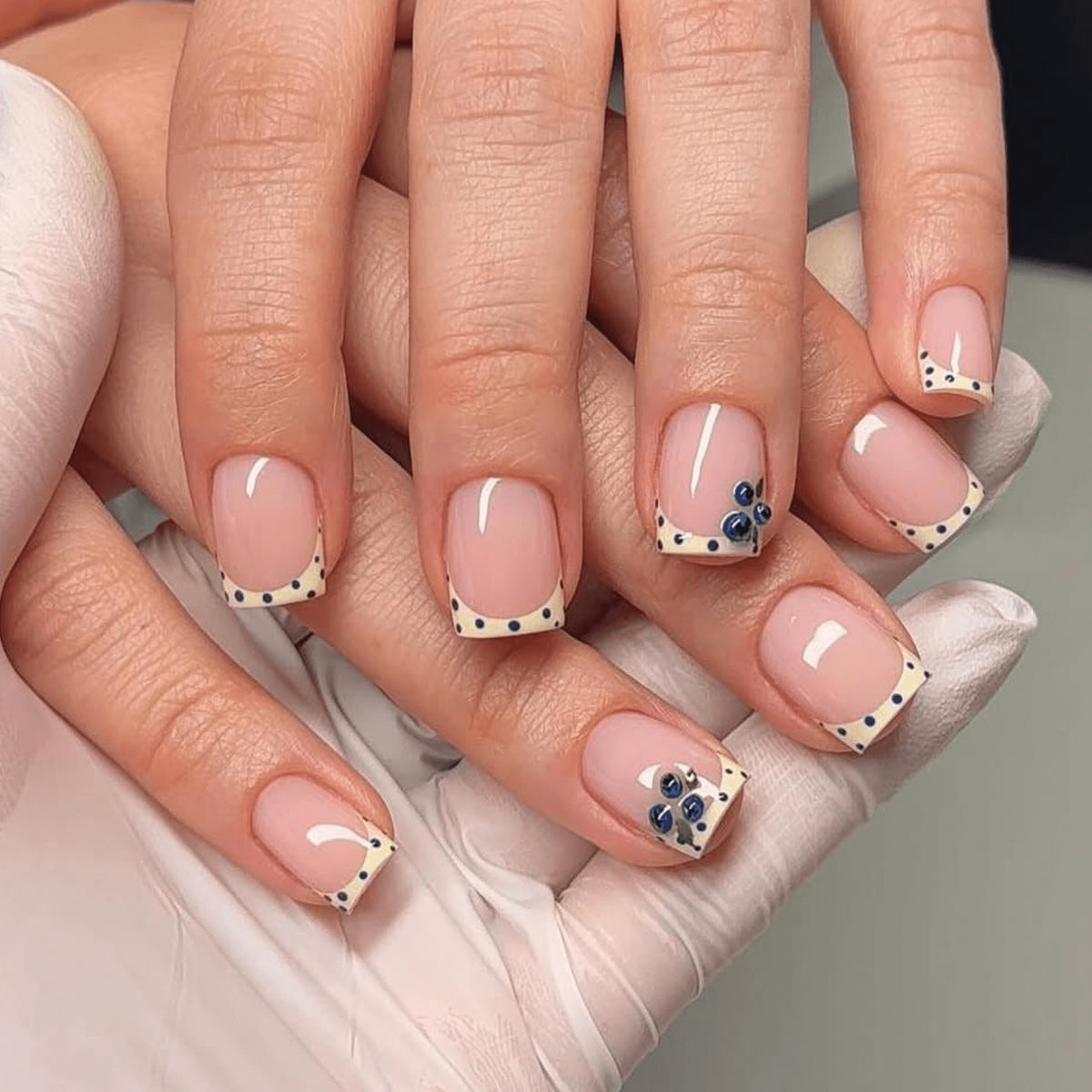 Elegant Garden Short Square Creamy Base with Blue Dot Accents Press On Nail Set